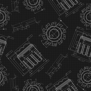 Siyah arka planda makine mühendisliği çizimleri. Kesme aletleri, değirmen kesici. Teknik Tasarım. Koruyun. Ayrıntılı plan. Kusursuz desen. Vektör illüstrasyonu
