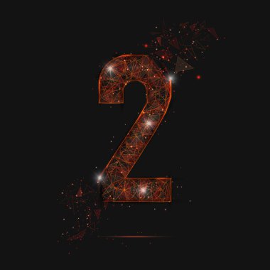 İki numaranın soyut turuncu görüntüsü. Çokgen çizimler, gece gökyüzündeki yıldızlara benzer. Ya da cam kırıklarına. Web sitesi, web, internet için dijital tasarım