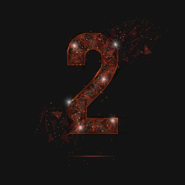 İki numaranın soyut turuncu görüntüsü. Çokgen çizimler, gece gökyüzündeki yıldızlara benzer. Ya da cam kırıklarına. Web sitesi, web, internet için dijital tasarım
