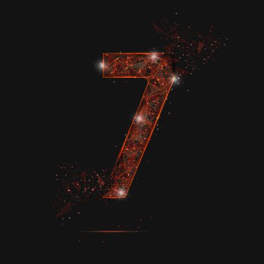 Yedi numaranın soyut turuncu görüntüsü. Çokgen çizimler, gece gökyüzündeki yıldızlara benzer. Ya da cam kırıklarına. Web sitesi, web, internet için dijital tasarım
