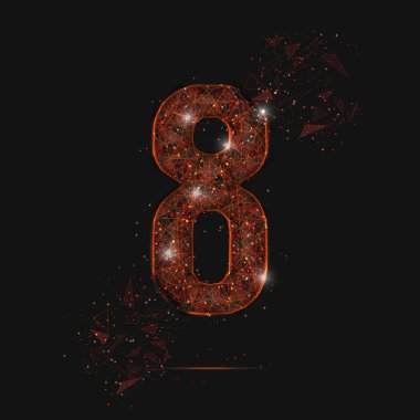 Sekiz numaranın soyut turuncu görüntüsü. Çokgen çizimler, gece gökyüzündeki yıldızlara benzer. Ya da cam kırıklarına. Web sitesi, web, internet için dijital tasarım