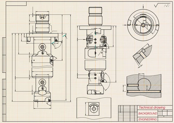 Mechanical engineering drawings on sepia background. Tap tools, borer. Technical Design. Cover. Blueprint. Vector illustration