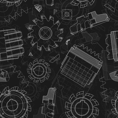 Siyah arka planda makine mühendisliği çizimleri. Kesme aletleri, değirmen kesici. Teknik Tasarım. Koruyun. Ayrıntılı plan. Kusursuz desen. Vektör illüstrasyonu