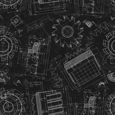 Siyah arka planda makine mühendisliği çizimleri. Kesme aletleri, değirmen kesici. Teknik Tasarım. Koruyun. Ayrıntılı plan. Kusursuz desen. Vektör illüstrasyonu