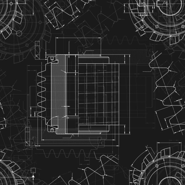 Mechanical engineering drawings on black background. Cutting tools, milling cutter. Technical Design. Cover. Blueprint. Seamless pattern. Vector illustration