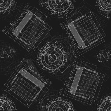 Siyah arka planda makine mühendisliği çizimleri. Kesme aletleri, değirmen kesici. Teknik Tasarım. Koruyun. Ayrıntılı plan. Kusursuz desen. Vektör illüstrasyonu