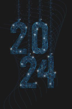 Yeni yıl 2024 'ün soyut mavi görüntüsü. Çokgen düşük poligonometrik kablo çizimi, gece gökyüzündeki yıldızlara benzer. Dijital ağ, internet tasarımı