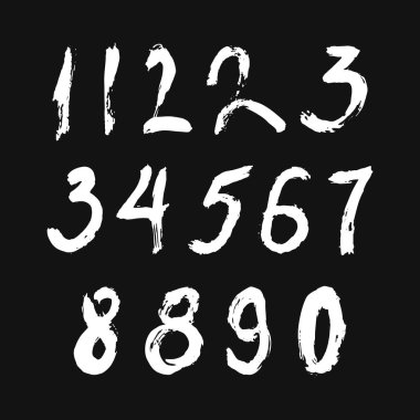 İzole edilmiş siyah arka planda beyaz fırçayla boyanmış kaligrafik sayılar kümesi. Tasarımın için mektup. Vektör illüstrasyonu