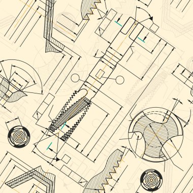 Sepya arka planında makine mühendisliği çizimleri. Musluk aletleri, daha sıkıcı. Teknik Tasarım. Koruyun. Ayrıntılı plan. Kusursuz desen. Vektör illüstrasyonu