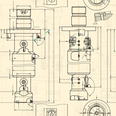 Sepya arka planında makine mühendisliği çizimleri. Musluk aletleri, daha sıkıcı. Teknik Tasarım. Koruyun. Ayrıntılı plan. Kusursuz desen. Vektör illüstrasyonu