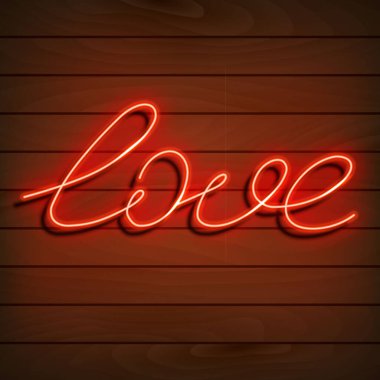 Neon kelime aşk. Ahşap bir duvarda parlak kırmızı bir tabela. Sevgililer Günü için tasarım elementi. Vektör illüstrasyonu.