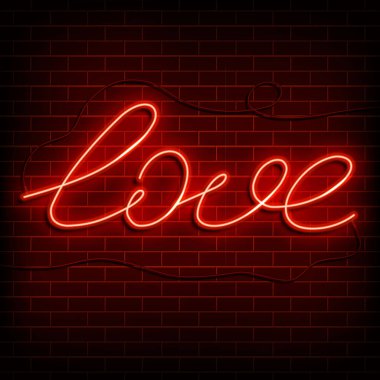 Neon word love. A bright red sign on a brick wall. Element of design for a happy Valentine s day. Vector illustration.