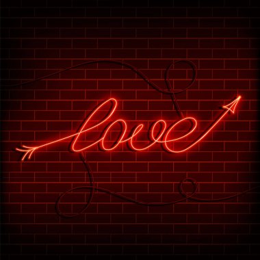 Neon word love. A bright red sign on a brick wall. Element of design for a happy Valentine s day. Vector illustration.