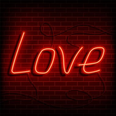 Neon word love. A bright red sign on a brick wall. Element of design for a happy Valentine s day. Vector illustration.