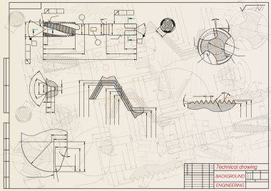Mechanical engineering drawings on sepia background. Tap tools, borer. Technical Design. Cover. Blueprint. Vector illustration