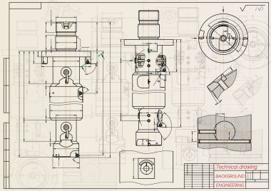 Mechanical engineering drawings on sepia background. Tap tools, borer. Technical Design. Cover. Blueprint. Vector illustration