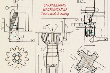 Mechanical engineering drawings on sepia background. Tap tools, borer. Technical Design. Cover. Blueprint. Vector illustration