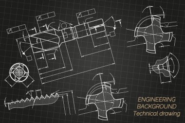 Mechanical engineering drawings on black background. Tap tools, borer. Technical Design. Cover. Blueprint. Vector illustration