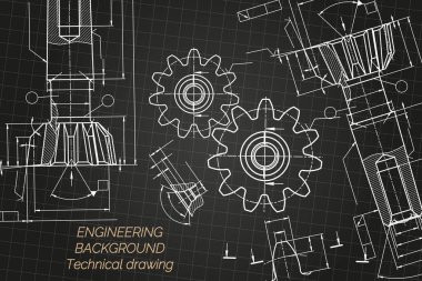 Mechanical engineering drawings on black background. Tap tools, borer. Technical Design. Cover. Blueprint. Vector illustration