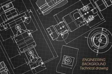 Mechanical engineering drawings on black background. Tap tools, borer. Technical Design. Cover. Blueprint. Vector illustration