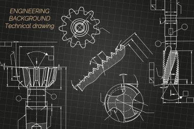 Mechanical engineering drawings on black background. Tap tools, borer. Technical Design. Cover. Blueprint. Vector illustration