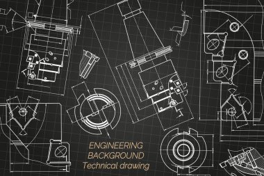 Mechanical engineering drawings on black background. Tap tools, borer. Technical Design. Cover. Blueprint. Vector illustration