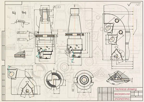 Mechanical Engineering Drawings Sepia Background Tap Tools Borer Technical Design — Stock Vector
