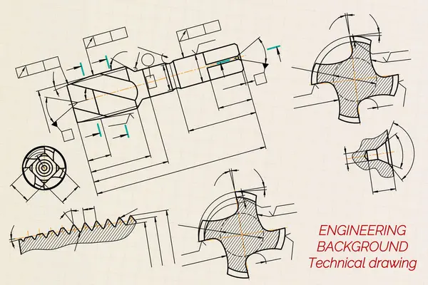 Mechanical Engineering Drawings Sepia Background Tap Tools Borer Technical Design Stockvector