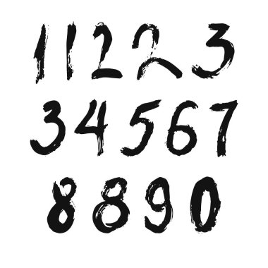 İzole edilmiş beyaz arka planda siyah fırçayla boyanmış kaligrafik sayılar kümesi. Tasarımın için mektup. Vektör illüstrasyonu