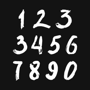 İzole edilmiş siyah arka planda beyaz fırçayla boyanmış kaligrafik sayılar kümesi. Tasarımın için mektup. Vektör illüstrasyonu