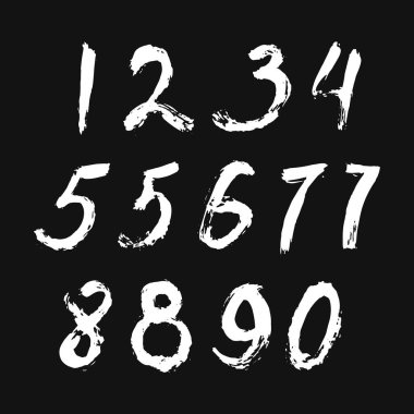 İzole edilmiş siyah arka planda beyaz fırçayla boyanmış kaligrafik sayılar kümesi. Tasarımın için mektup. Vektör illüstrasyonu