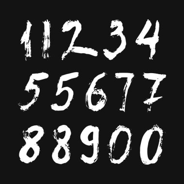 İzole edilmiş siyah arka planda beyaz fırçayla boyanmış kaligrafik sayılar kümesi. Tasarımın için mektup. Vektör illüstrasyonu