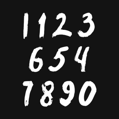 İzole edilmiş siyah arka planda beyaz fırçayla boyanmış kaligrafik sayılar kümesi. Tasarımın için mektup. Vektör illüstrasyonu
