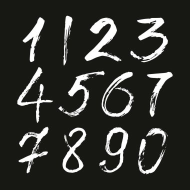 İzole edilmiş siyah arka planda beyaz fırçayla boyanmış kaligrafik sayılar kümesi. Tasarımın için mektup. Vektör illüstrasyonu