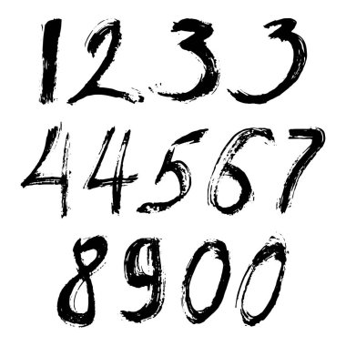 İzole edilmiş beyaz arka planda siyah fırçayla boyanmış kaligrafik sayılar kümesi. Tasarımın için mektup. Vektör illüstrasyonu