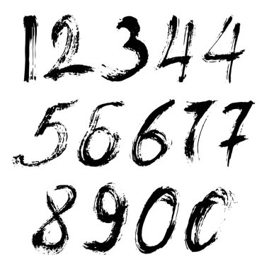 İzole edilmiş beyaz arka planda siyah fırçayla boyanmış kaligrafik sayılar kümesi. Tasarımın için mektup. Vektör illüstrasyonu