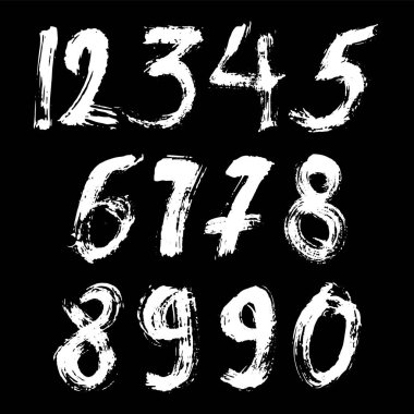 İzole edilmiş siyah arka planda beyaz fırçayla boyanmış kaligrafik sayılar kümesi. Tasarımın için mektup. Vektör illüstrasyonu