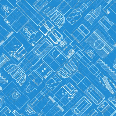 Mavi arka planda makine mühendisliği çizimleri. Musluk aletleri, daha sıkıcı. Teknik Tasarım. Koruyun. Ayrıntılı plan. Kusursuz desen. Vektör illüstrasyonu
