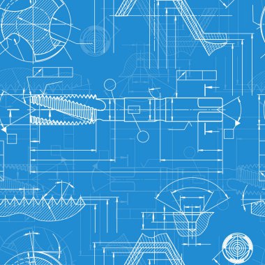 Mavi arka planda makine mühendisliği çizimleri. Musluk aletleri, daha sıkıcı. Teknik Tasarım. Koruyun. Ayrıntılı plan. Kusursuz desen. Vektör illüstrasyonu