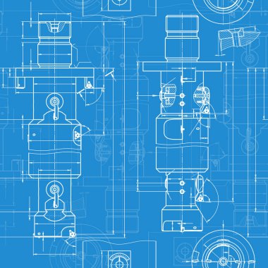 Mavi arka planda makine mühendisliği çizimleri. Musluk aletleri, daha sıkıcı. Teknik Tasarım. Koruyun. Ayrıntılı plan. Kusursuz desen. Vektör illüstrasyonu