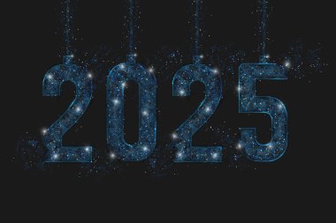 Abstract isolated blue image of new year number 2025. Polygonal low poly wireframe illustration looks like stars in the black night sky in space or flying glass shards. Digital web, internet design clipart