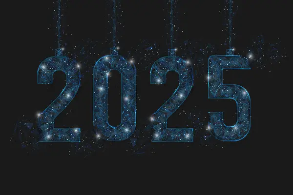 Yeni yıl 2025 'in soyut mavi görüntüsü. Çokgen düşük poligonal kablo çizimi uzayda kara gece gökyüzündeki yıldızlar ya da uçan cam kırıkları gibi görünür. Dijital ağ, internet tasarımı