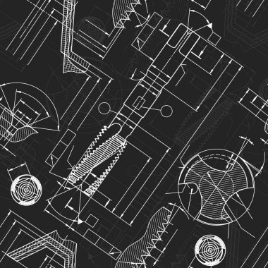 Mechanical engineering drawings on black background. Tap tools, borer. Technical Design. Cover. Blueprint. Seamless pattern. Vector illustration clipart