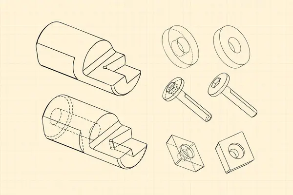 Sepya arka planında makine mühendisliği çizimleri. Kesici, değiştirilebilir çok yönlü plakalı montaj aracı. Teknik Tasarım. Koruyun. Ayrıntılı plan. Vektör illüstrasyonu