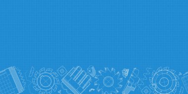 Mavi arka planda makine mühendisliği çizimleri. Kesme aletleri, değirmen kesici. Teknik Tasarım. Koruyun. Ayrıntılı plan. Yatay ve pürüzsüz desen. Vektör illüstrasyonu