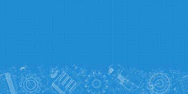 Mavi arka planda makine mühendisliği çizimleri. Kesme aletleri, değirmen kesici. Teknik Tasarım. Koruyun. Ayrıntılı plan. Yatay ve pürüzsüz desen. Vektör illüstrasyonu