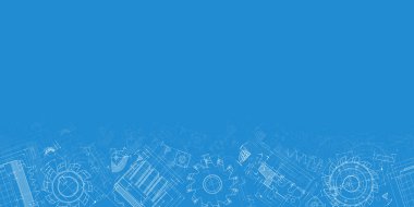 Mavi arka planda makine mühendisliği çizimleri. Kesme aletleri, değirmen kesici. Teknik Tasarım. Koruyun. Ayrıntılı plan. Yatay ve pürüzsüz desen. Vektör illüstrasyonu