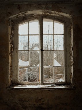 broken Window view , trough a lost place, into the woods