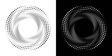 Noktalı dairesel logo. Beyaz arka planda izole edilmiş dairesel eşmerkezli noktalar. Yarı renkte kumaş tasarımı. Yarım tonluk daire dokuyu noktalar. Çeşitli amaçlar için vektör tasarımı ögesi.