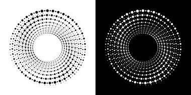 Noktalı dairesel logo. Beyaz arka planda izole edilmiş dairesel eşmerkezli noktalar. Yarı renkte kumaş tasarımı. Yarım tonluk daire dokuyu noktalar. Çeşitli amaçlar için vektör tasarımı ögesi.